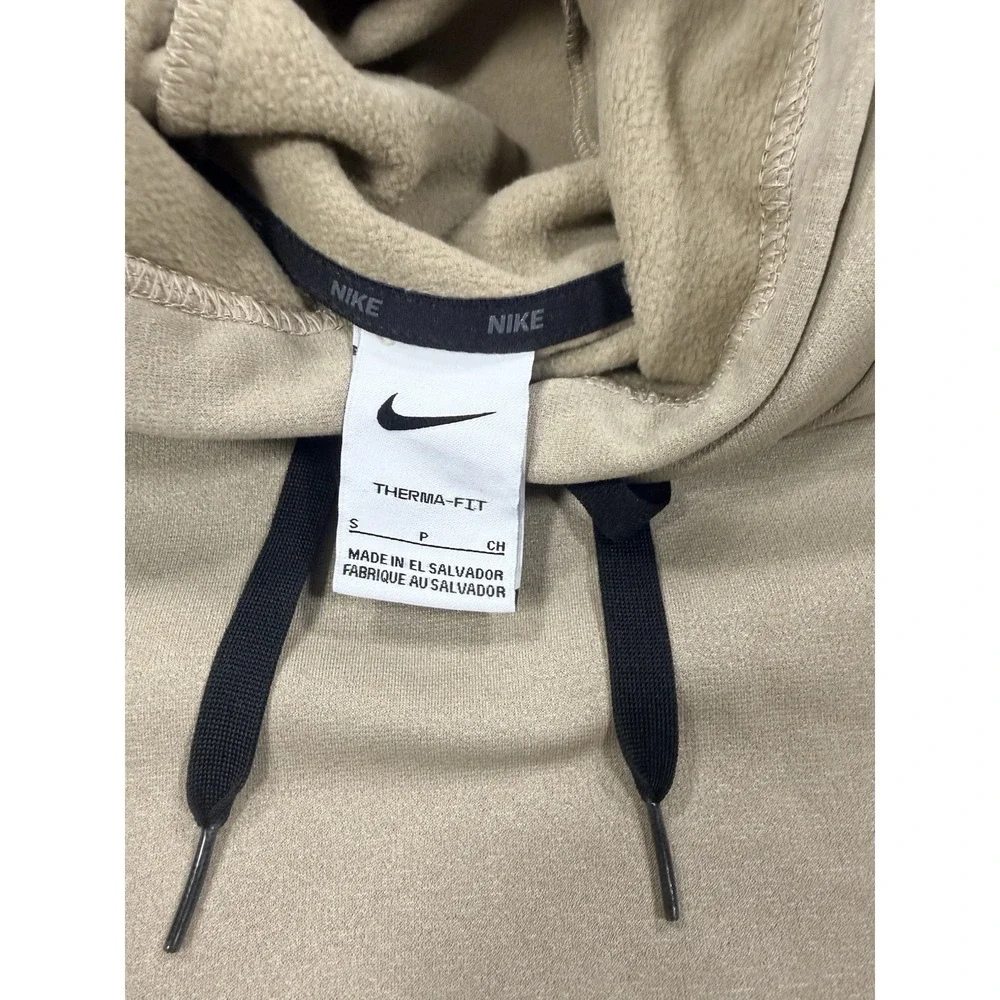 Nike Therma-FIT Hoodie Men's Small Tan Pullover Fleece Swoosh Pocket Sweatshirt